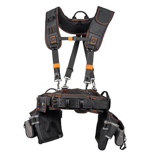 Klein Tools 55896 Tool Rig, Padded Tool Belt, Suspenders and Pouches with 23 Pockets, Adjustable 30 to 52-Inch Waist, for Carpenters, Electricians, Construction