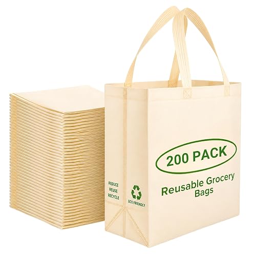 Simply Cool 200 Pack Reusable Grocery Bags, Large Tote Bags Bulk, Cream | 14.5"x14"x6.6" Heavy Duty Non-woven Custom Shopping Bags with Handles, Foldable, Washable for Groceries and Commercial use