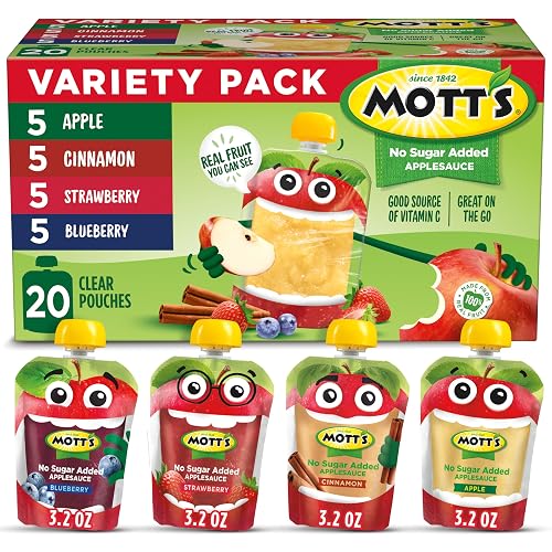 Mott's No Sugar Added Applesauce Variety Pack, 3.2 Oz Pouches, 20 Count | Apple Strawberry Cinnamon & Blueberry Flavors, No Added Sugar, Real Fruit, Good Source of Vitamin C, Gluten-Free, Kosher