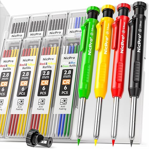 Nicpro 4 Pack Carpenter Pencil with Sharpener, Mechanical Carpenter Pencils | 52 Refills, Comfortable Grip Construction Pencil, Heavy Duty Woodworking Pencils for Architect (Red, Black, Yellow, Blue)