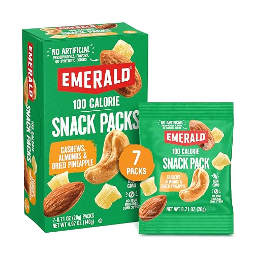 Emerald Cashews, Almonds & Dried Pineapple, 100-Calorie Snack Packs, 7 Ct | Nut Blend, Dried Fruit, Kosher Certified, Non GMO, No Artificial Preservatives, Flavors or Synthetic Colors, Travel Friendly