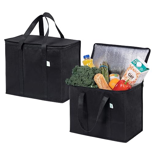 VENO 2 Pack Cooler Bag Insulated Grocery Bags for Food Delivery Heavy Duty | Large Collapsible Cooler, Reusable Shopping Tote w/ Zippers, Foldable, Stands Upright, for Groceries Camping (Black, 2 Pack)