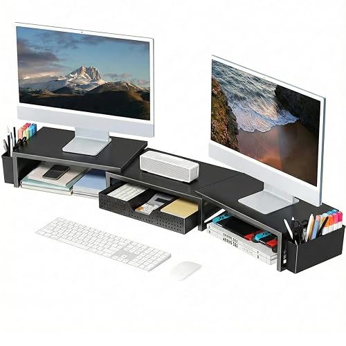 OPNICE Desk Organizers and Accessories, Dual Monitor Stand Riser with Drawer and 2 Pen Holders, Desk Shelf Computer Racks for Office Workspace Organizers, Desktop Organization (Black)