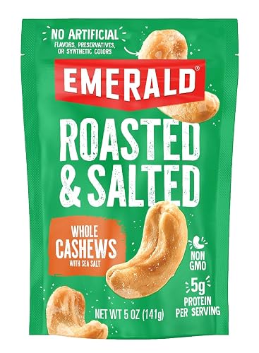 Emerald Roasted & Salted Whole Cashews, 5oz Resealable Bag | Non GMO, No Artificial Preservatives, Flavors or Synthetic Colors, Plant Based Protein, Travel Friendly Healthy Snack