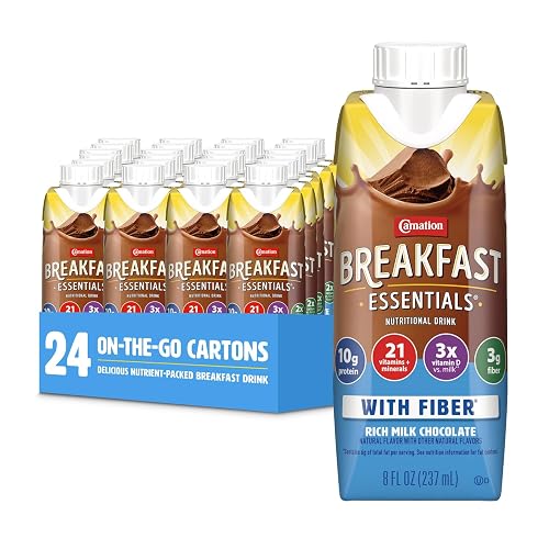 Carnation Breakfast Essentials Original Nutritional Drink with Fiber | Rich Milk Chocolate, 8 FL OZ Carton (Pack of 24)