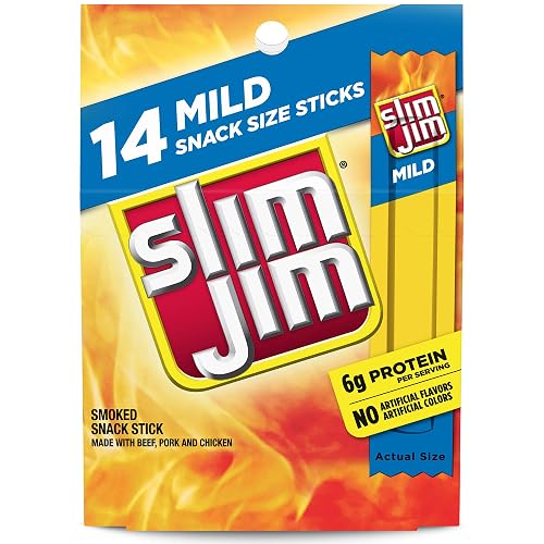 Slim Jim Smoked Jerky Meat Snack Sticks, Mild Flavor, 0.28 oz., 14-ct | 6g protein per serving; Mild flavor; great for on-the-go & travel snacking; perfect for lunchboxes, road trips & camping