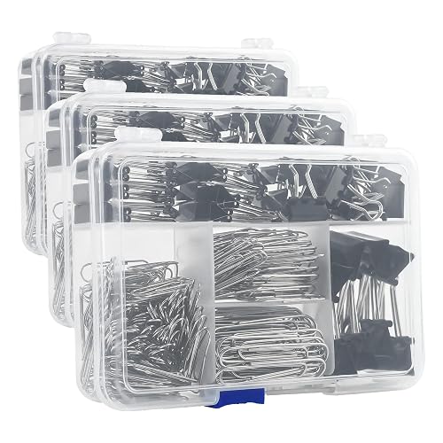 Assorted Size Binder Clips & Jumbo Paper Clips Set - 340pcs Black, Large for Office & School Supplies, in Container with Compartments (Pack of 3)