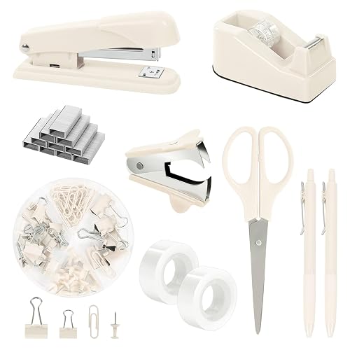 SKYDUE Office Supplies Set, Stapler and Tape Dispenser Set,10PCS | Desk Accessories Kit with Stapler, Tape Dispenser, Scissors, Clips & Staple Remover, for Home Office, School