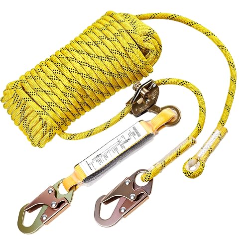 Yubisec Rope Harness Safety Lanyard 50FT, Vertical Lifeline Assembly | Grab Snap Hooks Shock Absorber, Fall Protection Tree Climbing Lifeline Kit, Heavy Duty Roof Safety