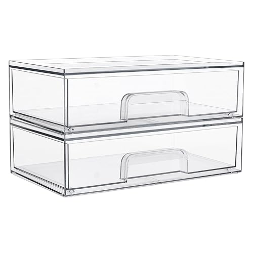 Vtopmart Clear Stackable Storage Drawers, 2 Pack Wide Plastic Organizers | Clear Pull-Out Plastic Drawers, Stackable Design for Makeup Palettes, Cosmetics, Beauty Supplies, Vanity, Cabinet and Desk