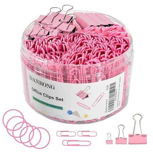 DANRONG Pink Binder Clips Paper Clips,380 PCS Assorted Sizes Paperclips | Paper Clamps Rubber Bands for Files, Papers, Home Supplies (Pink)