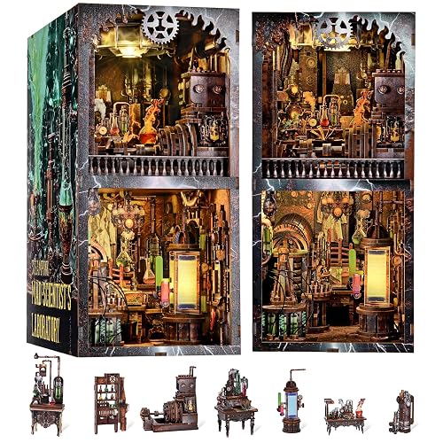 fifijoy Book Nook Kit, DIY Miniature Dollhouse Booknook Kit, 3D Wooden Puzzle Bookend Bookshelf Insert Decor with LED Light for Teens and Adults (Steampunk Mad Scientist Laboratory)