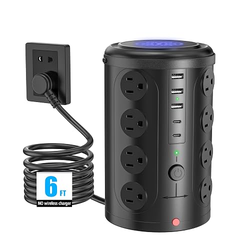 6FT Power Strip Tower Surge Protector, 16 Wide‑Spaced Outlets & 5 USB Ports | 45°Flat Plug, Extension Cord with Multiple Outlets, Desk Charging Station for Home Office, College Dorm Room Essentials,Black