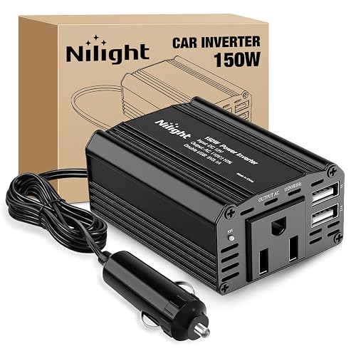 Nilight 150W Power Inverter with 3.1A Dual USB Ports and 1 AC Outlets | 12V DC to 110V AC Car Charger Converter for Phones Tablets Laptop Computer Game Console Kindle iPad DVD Players Black