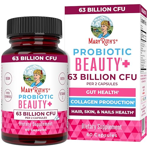 MARYRUTH'S Probiotic Beauty Capsules, Gut Health, Vegan Collagen Support | Red Orange Complex & Ceramosides, Anti Aging, Hair Skin and Nails Vitamins