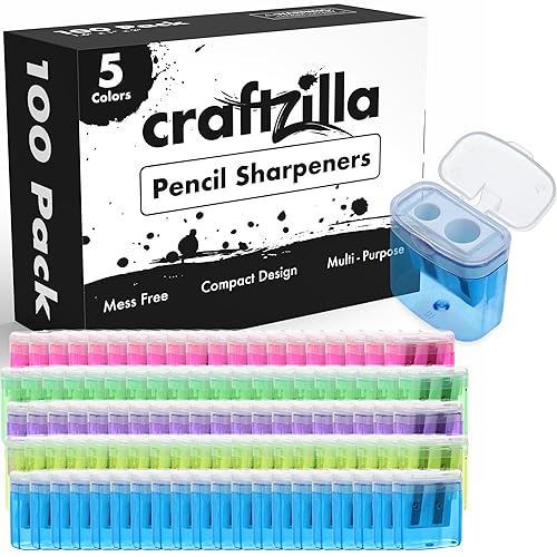 Craftzilla Pencil Sharpener 100 Pack, Manual Dual-Hole Sharpeners Bulk | Handheld Pencil Sharpeners with Lids for Kids, Classroom, School Office Supplies, Standard and Jumbo Pencils, 5 Colors