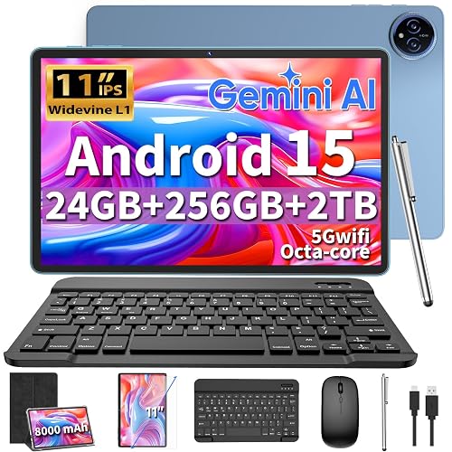 2026 11 inch Tablet, Android 15 Tablet with Keyboard, 24GB+256GB+2TB Expand | Gemini AI 2-in-1 Large Tablets with 8-Core, WiFi, 8000mAh, GMS, GPS, Electronic Tablets PC with Mouse, Case, Stylus (Black)