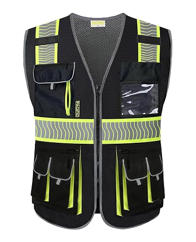 PACIFIC PPE Class 1 Safety Vest, 10 Pockets, 3M Reflective, Black, Medium | High visibility safety vest, reflective strips, 10 pockets, zipper front, mic tab, work vest for construction & utility work