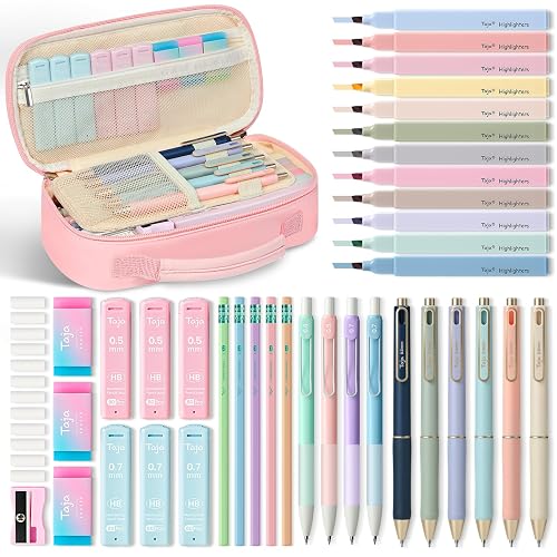 Taja Cute Pencil Case With School Supplies, 39 PCS, Stationery Set, Pink | 6 Black Ink Gel Pens, 12 Pastel Highlighters, 5 #2 HB Pencils, 4 Mechanical Pencils, Back to School Supplies