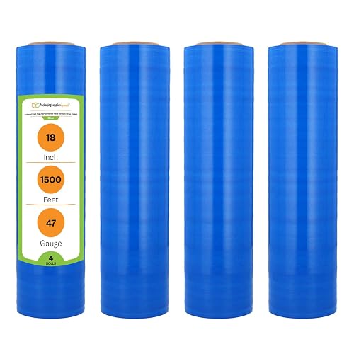 PSBM Tinted Blue Plastic Stretch Film/Wrap 18 Inch x 1500 Ft 47 GA 4 Rolls | Stretch Wrap, Heavy Duty Plastic Film, Industrial Strength Shrink Packaging for Moving, Packing, Shipping, Warehouse Storage