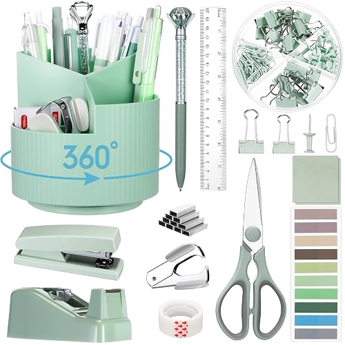 Marspark Sage Green Desk Accessories Office Supplies Set, 12 Pcs | 360° Rotating Pen Holder, Stapler, Tape Dispenser, Scissor, Sticky Notes, Binder Clips, Desk Organizers Gift for School