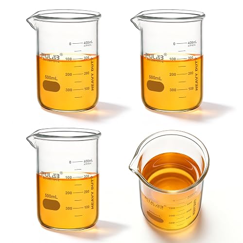 ULAB Scientific Glass Beaker Set, Vol. 500ml, 3.3 Borosilicate Griffin Low Form with Printed Graduation, Pack of 4, UBG1016