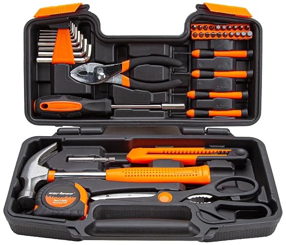 CARTMAN 39-Piece Household Tool Set, Orange Hand Kit With Storage Case | Complete assortment for home repairs, DIY projects, furniture setup, crafting, and daily household fixes in toolbox.