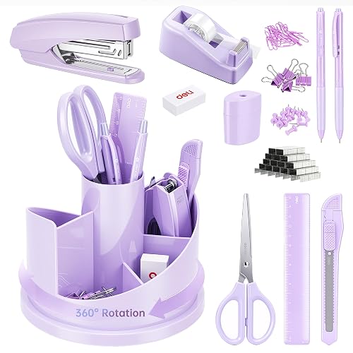 deli Office Supplies Set, Desk Accessory Organizer Kit, Purple | Stationary Set, Desk Supplies with Rotating Multi-Functional Pen Holder &Stapler Set for Office, School, Home