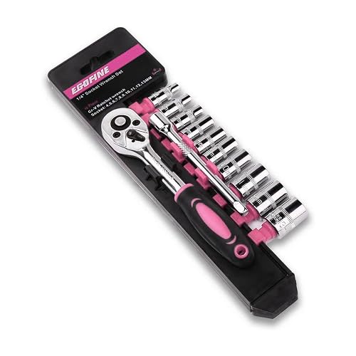 Egofine 12pcs 1/4 Inch Mini Ratchet Socket Wrench Set, Drive Socket Set with 10 Sockets (4-13mm) and 2 Way Quick Released Ratchet Handle and Extension Bar, Pink