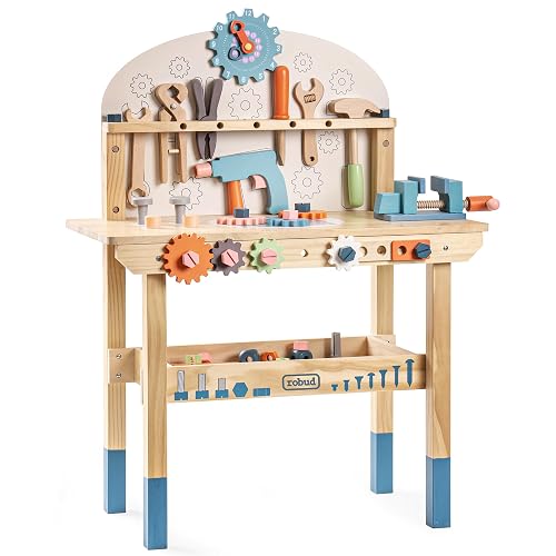 ROBUD Wooden Play Tool Workbench Set for Kids, Construction Toy Bench | Wooden tool workbench with realistic tools and accessories, inspiring creativity, role play, and hands-on building skills