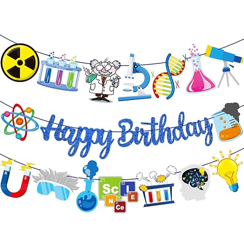 3Pcs Science Birthday Party Banners Blue Science Birthday Party Decorations Chemistry Laboratory Theme Banner Garlands for Science Theme Party Baby Shower Supplies