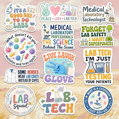12pcs-3in Lab Tech Stickers, Funny Science Lab Stickers, Chemistry Biology Medical Gifts for Science Nerds, Students Techs & Laboratory Professionals Sticker Waterproof for Laptop Water Bottle Kindle