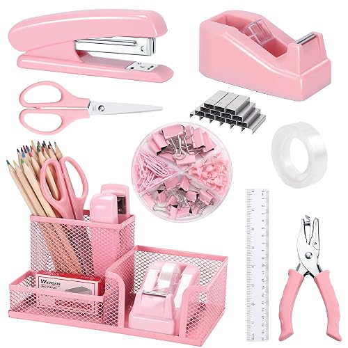 Fivebop Pink Office Desk Accessories, 9 Pcs Desk Organizers and Accessories with Mesh Pen Holder, Stapler, Tape Dispenser, Hole Punch, Office Supplies Set for Office Home School Women Students Gift
