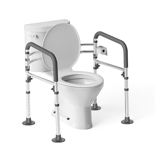 Loyoda Toilet Safety Frame for Seniors, Adjustable Toilet Safety Rail | Height& Width Adjustable, Padded Armrests, Foldable Aluminum Support Frame for Elderly, Disabled, Pregnant, 350 lb, Gray