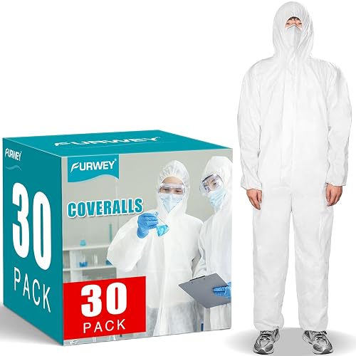 FURWEY Hazmat Suits,30Pack Disposable Coveralls,Heavy Duty Full Body-XL | Protective Coveralls, Heavy Duty, Full Body Painters Suit, Elastic Wrists Ankles Hood, Men & Women, 6 Sizes