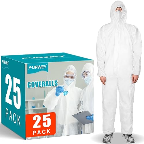 FURWEY Hazmat Suits 25 Pack Disposable Coveralls, with Elastic Wrists, Ankles, Available in 5 sizes
