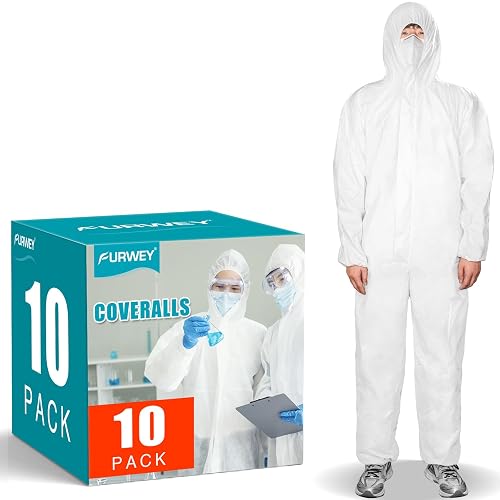 FURWEY Hazmat Suits 1/10 Pack Disposable Coveralls, with Elastic Wrists, Ankles and Hood, Available in 4 sizes