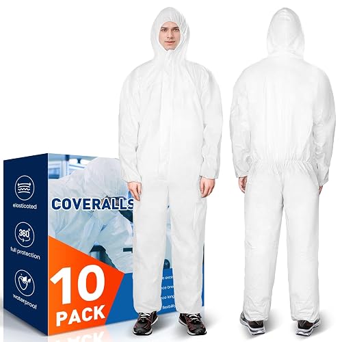 CAREGY 10 Pack Hazmat Suits Protective Coveralls with Hood | Heavy Duty Disposable Painters Suits for Men & Women, Lab Coveralls Breathable & Water Resistant(White, X-Large)