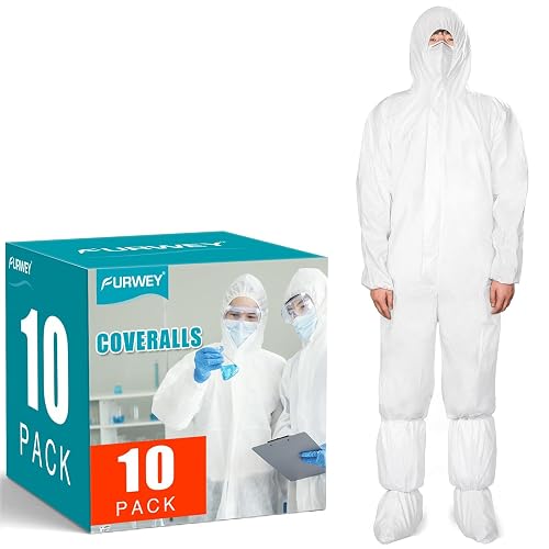 FURWEY 10P Hazmat Suits, Disposable Coveralls with Shoe Covers, Sizes M-4XL | Heavy Duty Full Body Painters Suit for Men & Women, Elastic Wrists, Ankles and Hood, Available in 6 sizes