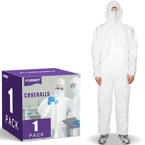 FURWEY Hazmat Suits 1/10 Pack Disposable Coveralls, with Elastic Wrists, Ankles and Hood, Available in 4 sizes
