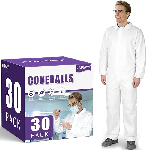 FURWEY Hazmat Suits 30P Disposable Non-Hooded Coveralls Heavy Duty 4 Sizes | Full body protection, elastic wrists & ankles, for men & women, for painting work, heavy duty, disposable, non-hooded