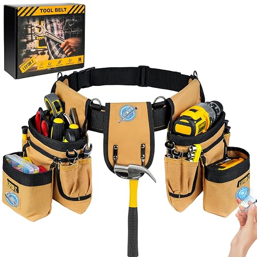 LEFOR·Z Tool Belt with 4 D-Rings,27-Pockets Tool Belts for Men,Construction | Heavy Duty Utility Belt,Magnetic Tool Pouch,Detachable Adjustable Toolbelt for Electrician,Carpenter,Dad Gifts for Men,Brown