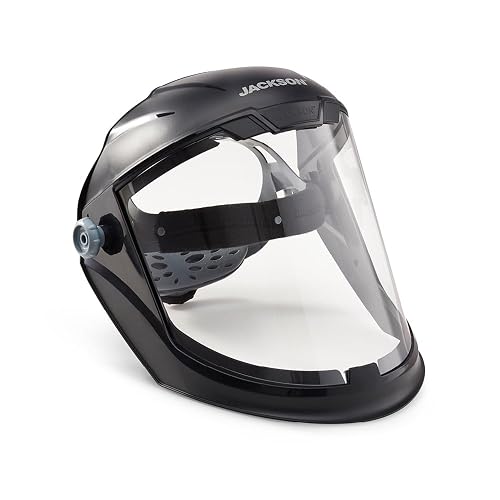 Jackson Safety Maxview Face Shield, Uncoated Clear Tint for Work ANSI Z87.1 | Lightweight Wraparound Face Mask with Chin & Side Guards, for Grinding, Cutting, Woodworking, 370 Speed Dial Ratchet Headgear