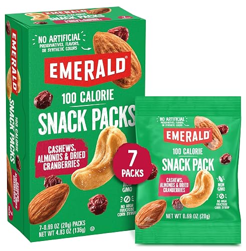 Emerald Cashews, Almonds & Dried Cranberries, 100-Calorie Snack Packs, 7 Ct | Nut Blend, Dried Fruit, Kosher Certified, Non GMO, No Artificial Preservatives, Flavors or Synthetic Colors, Travel Friendly