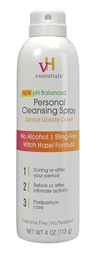 vH Essentials Personal Cleansing Spray, pH Balanced, 4 fl oz | Lactic Acid, Peppermint, Witch Hazel Formula, Sting-Free, Fragrance-Free, Paraben-Free, Sprays Upside Down