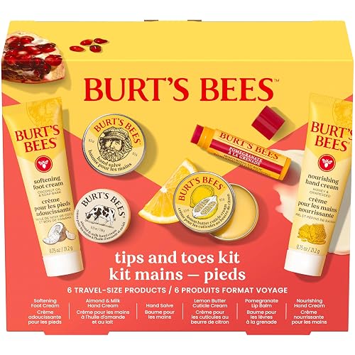 Burt's Bees Tips and Toes Kit Gift Set, 6 Travel Size Products | Pomegranate Moisturizing Lip Balm, 2 Hand Creams, Foot Cream, Cuticle Cream, and Hand Salve, Skin Care Essentials