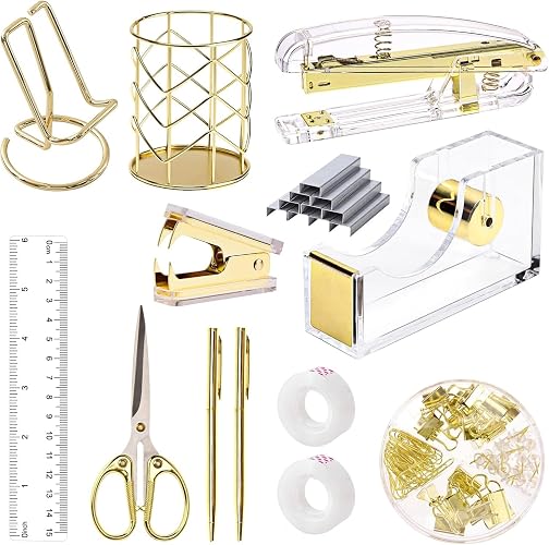 suniya Office Supplies,Gold Desk Accessories,with Stapler,Tape Dispenser,Pen Holder,Scissors,Phone Stand,Staple Remover,Ballpoint Pen,Clear Tape, Staples,Ruler,Clips,Best Gift for Business or Boss