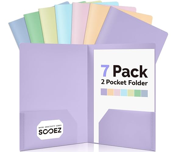 Sooez 7Pack Folders with Pockets, Pastels Colors, Heavy Duty Pocket Folder | Plastic Folders with Pockets, 2-Pocket Folder Bulk, Aesthetic File Folder, Back to School Office Filing Supplies