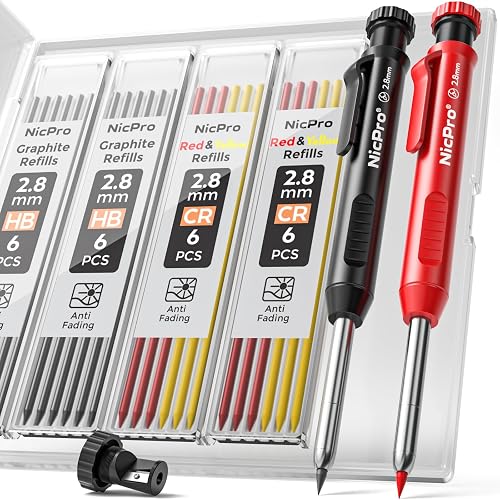 Nicpro Mechanical Carpenter Pencils for Construction (Black, Red) With Case| Deep Hole Marker Pencil Set Includes Sharpener and 26 Refills, Comfortable Grip, Heavy Duty Woodworking Tools for Architect