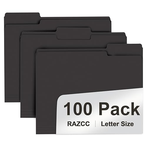 File Folder, RAZCC 100 Pack 1/3 Cut Tab File Folders Letter Size, Black Folders for Dcouments, Folders with Tab Great for Organizing and Easy File Storage